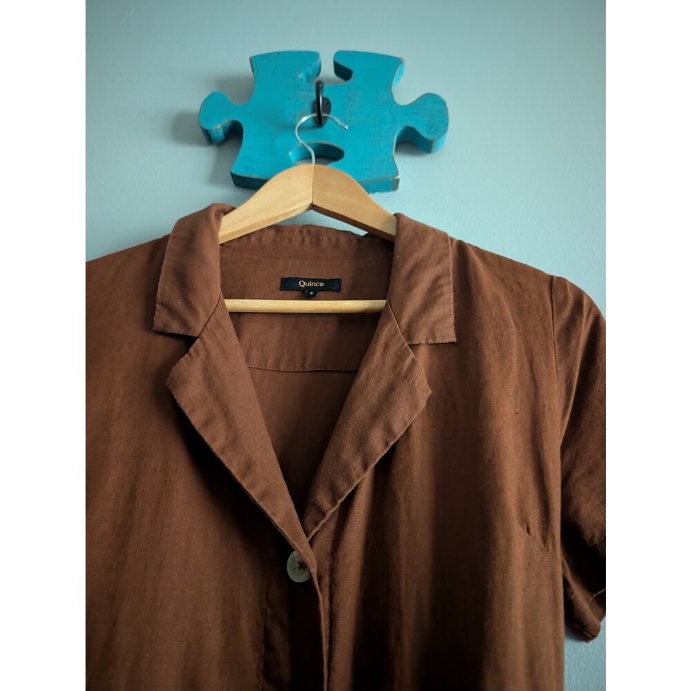 Quince 100% Linen Button Front Dress S Terracotta Rust Midi Pocket Notch Collar - Picture 6 of 16